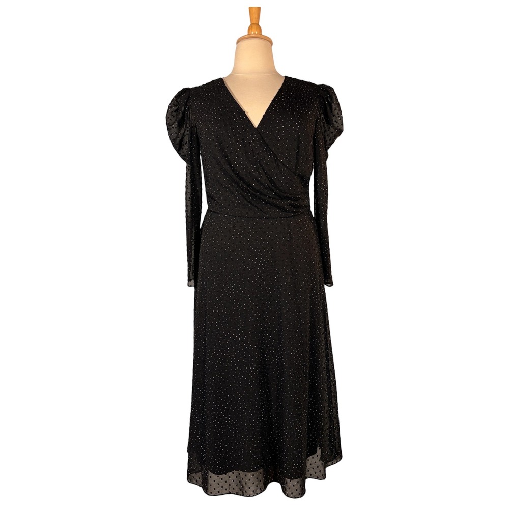 Julia Jordan Swiss Dot Midi Dress Women's 16 Long Puff Sleeve Witchy Gothic Glam